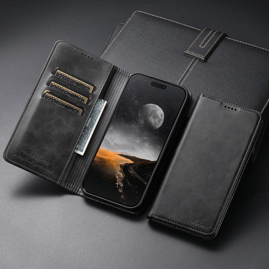 iPhone 17 Pro Max/Samsung S25 Ultra Leather Flip Case with Card Slot & Stand
