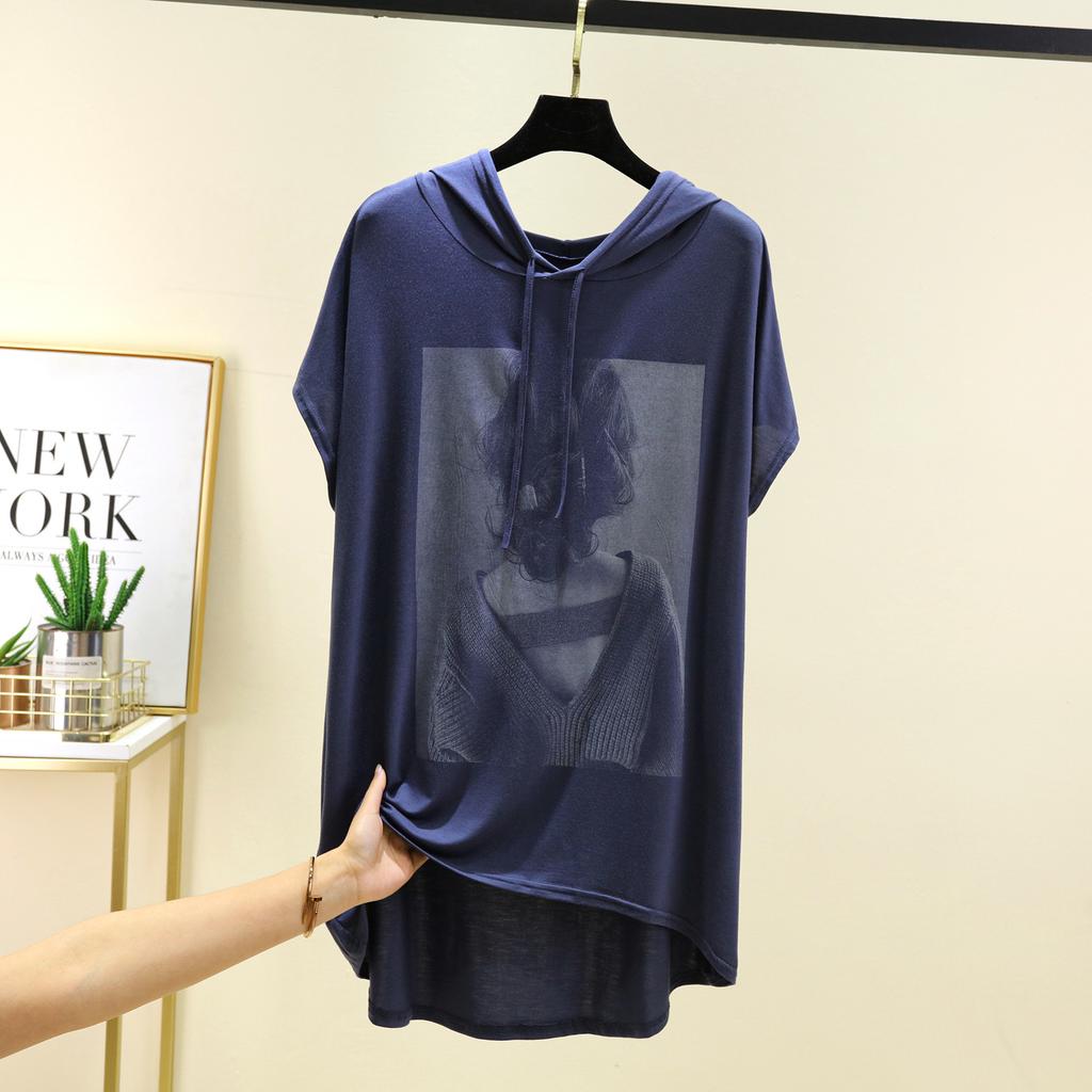 Mid-Length Beauty Print Hooded Tshirts Summer Women's Modal Hoodies Casual Tee Tops Short Sleeves Solid Color All Match