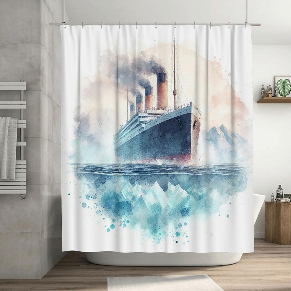 Watercolor Ship Shower Curtain Waterproof Bathroom Decor with Mountains Print for Home Decoration In Bathrooms Kitchens from Hom