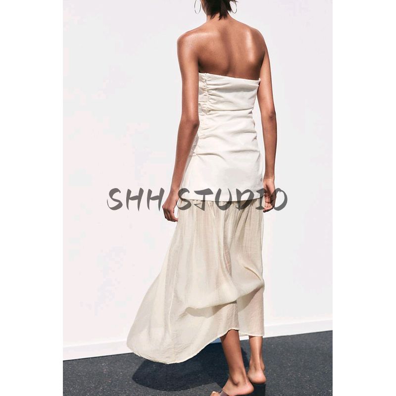 Spring and Summer New Women's Clothing French Evening Dress Pleated Decoration Stitching Tube Top Midi Skirt Dress 3152373
