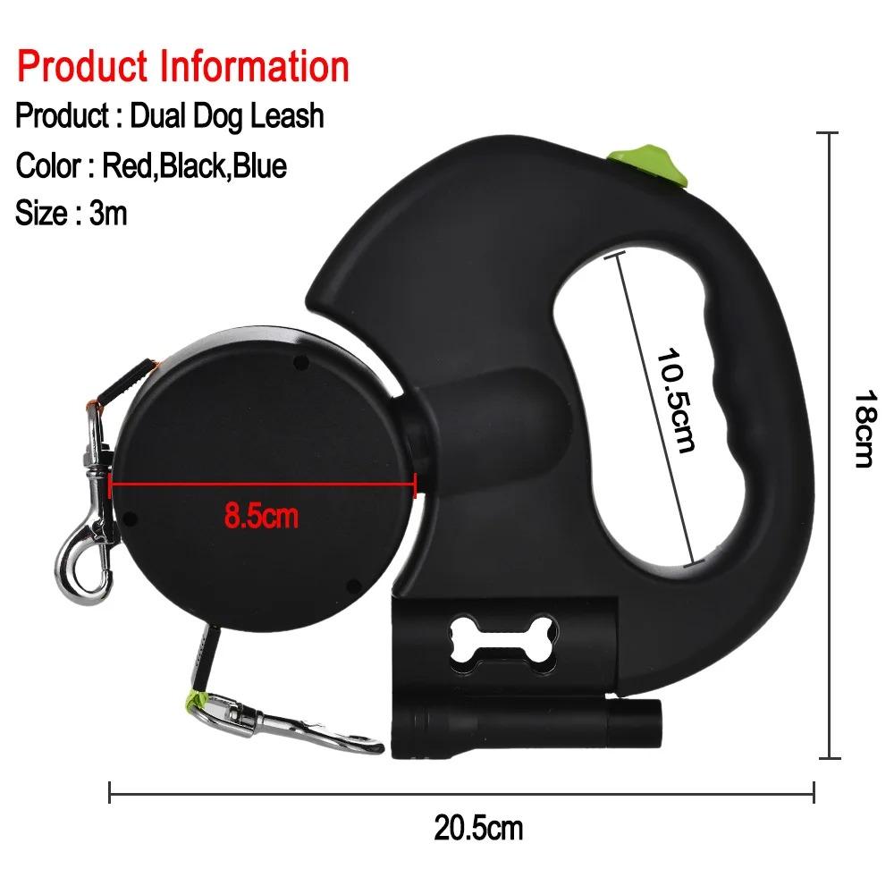 3m Retractable Double Dog Leash With Led Lights, 360° Tangle-free Swivel &amp; Reflective Lead For Small Medium Pets Night Walking