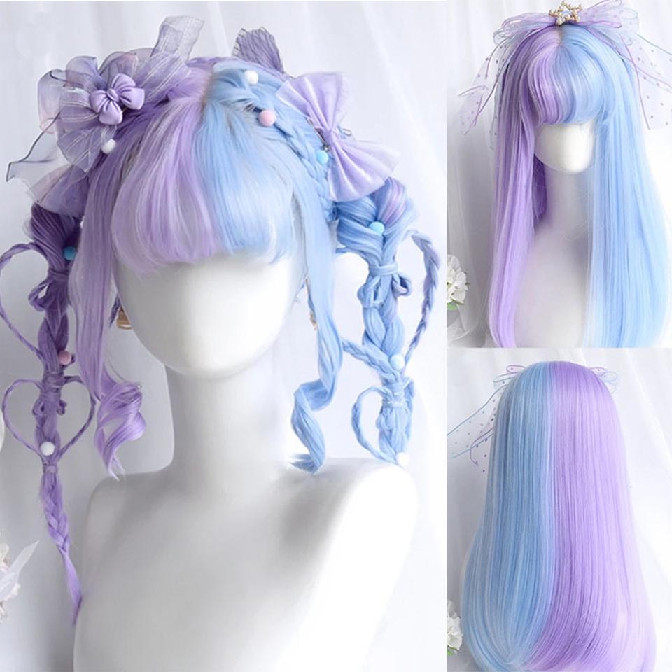 Zweifarbige Perückenkopfbedeckung Synthetische Perücke weibliche zweifarbige Lolita-Perücke mit geradem Pony natürliche Chemiefaserperücke Cos-Kopfbedeckung