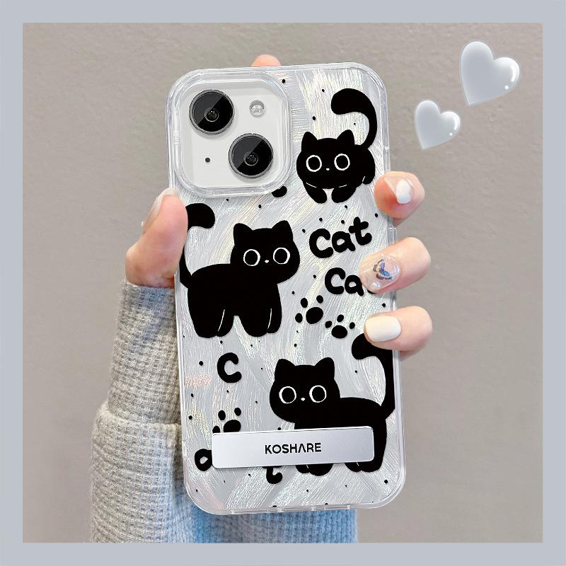 

Suitable for Apple 15 Mobile Phone Case Summer Iphone14plus Black Cat Stand 13pro Feather Yarn 12 Chain iPhone SE (2nd Generation)