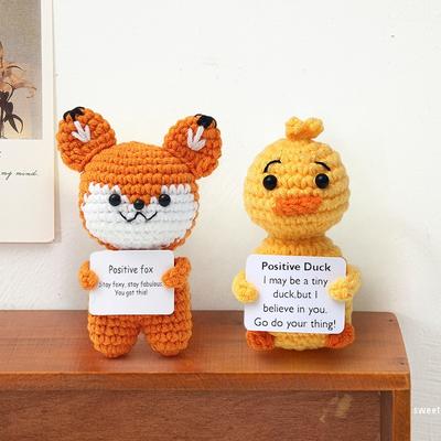 Playful Crochet Animal With Positive Card Ornament Handmade Knitted Ducks Fox Sheep Turtle Table Figurine Creative Crochet Present