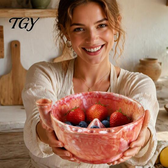 Compact Fruit Drainer Ceramic Berry Bowl, Self Rinsing with Drainage Hole Washing Practical Housewarming Gift Decorative Glazed Bowl for Kitchen