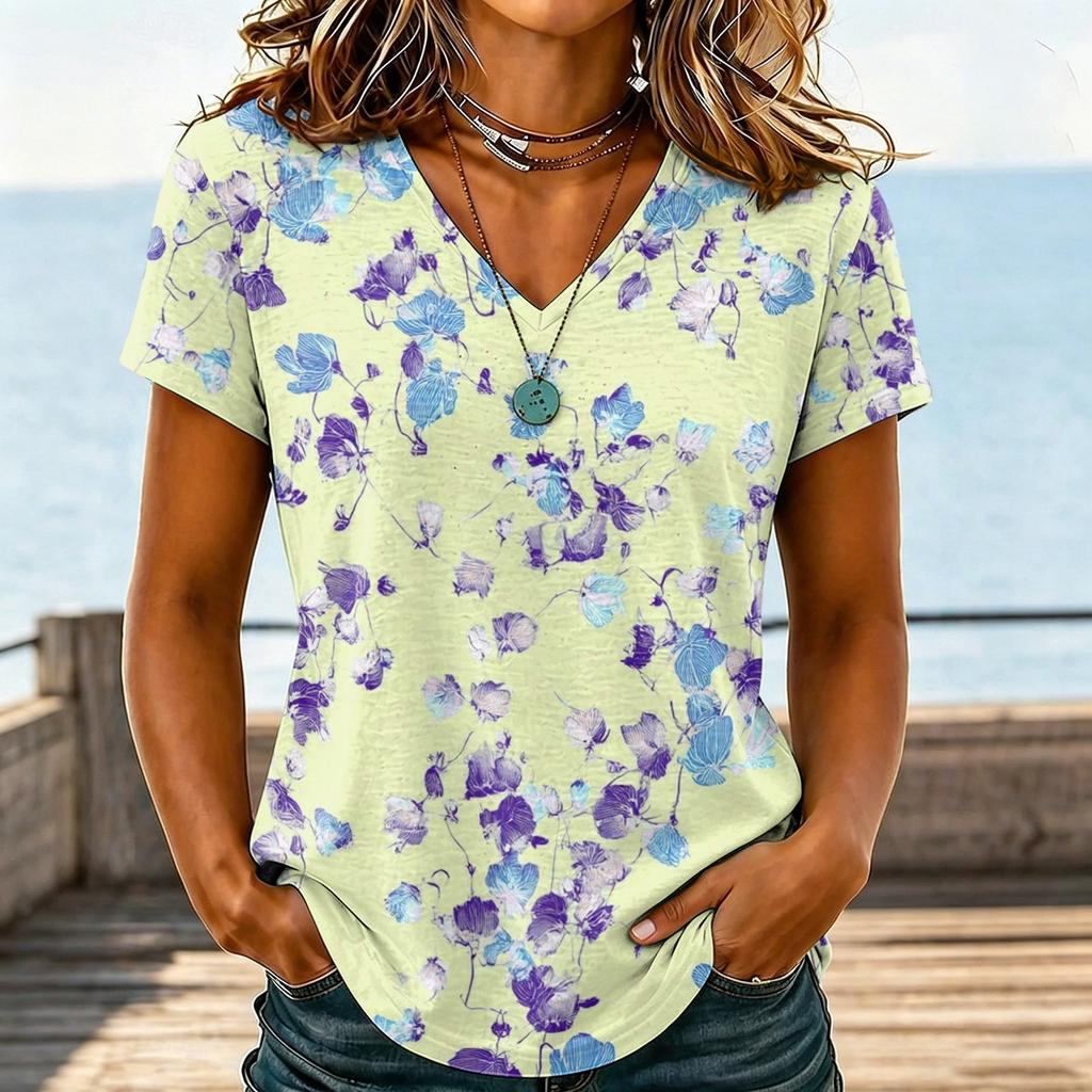 Womens Casual V Neck T Shirt Short Sleeve Floral Print Top Lightweight Comfortable Soft Fabric Blouse for Everyday Wear