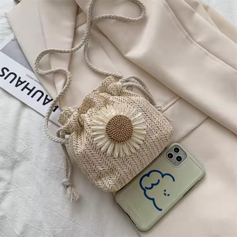 Women's Bag Summer Beach Straw Bags Classic Texture Sunflower Drawstring Woven Bucket Crossbody Shoulder Messenger
