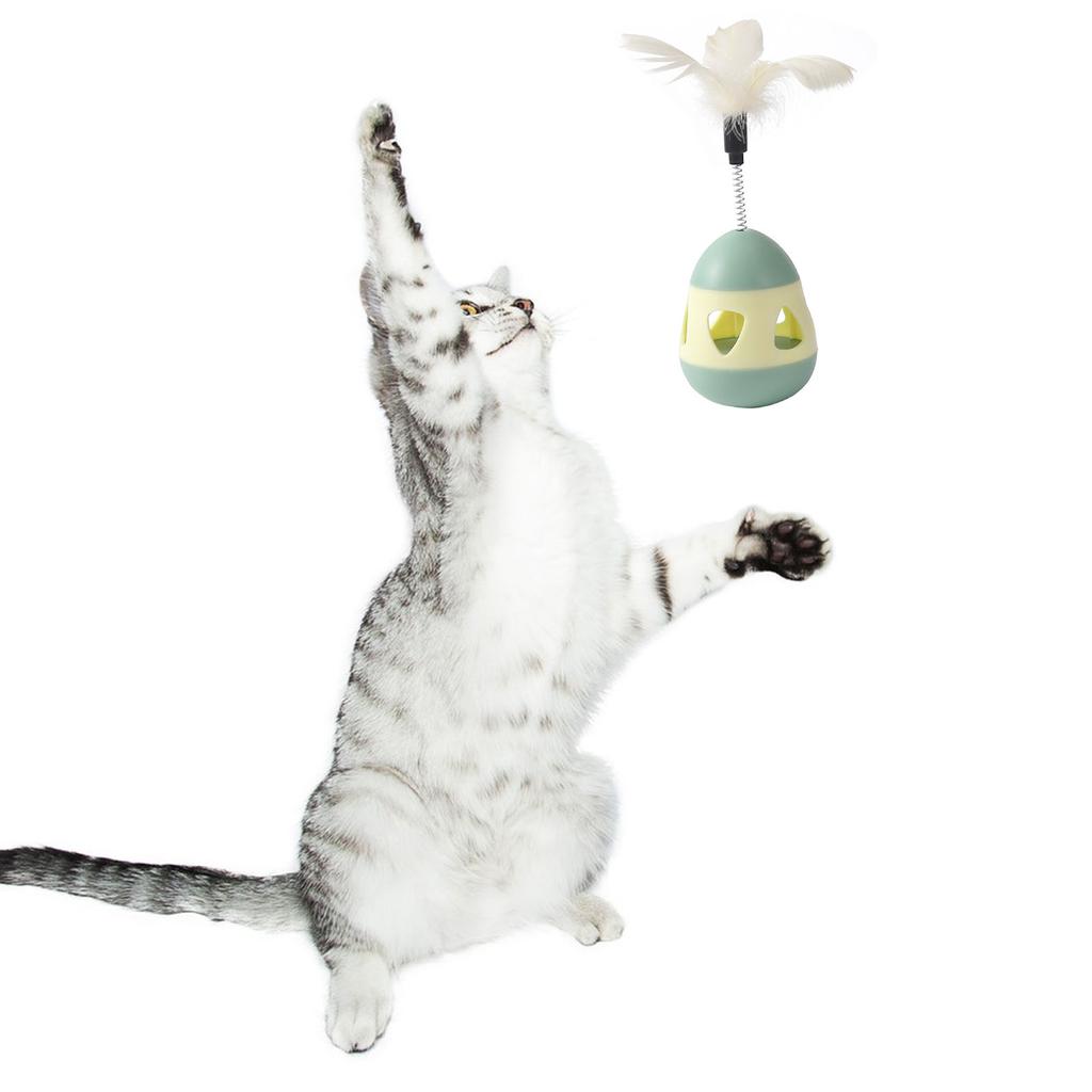 Cat Treat Dispenser Toy with Feather Interactive Prevent Tipping Cat Slow Feeder Puzzle Ball Yellow