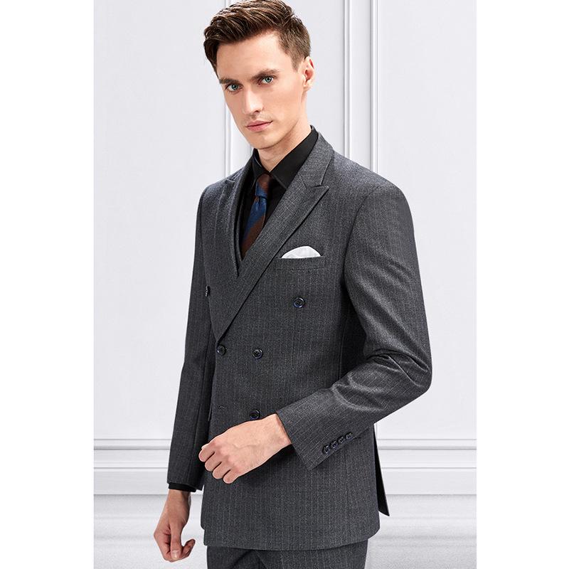 Men's Slim Fit Double-Breasted Gray Striped Suit - British Style Business Casual/Formal Tuxedo for Groom or Wedding.