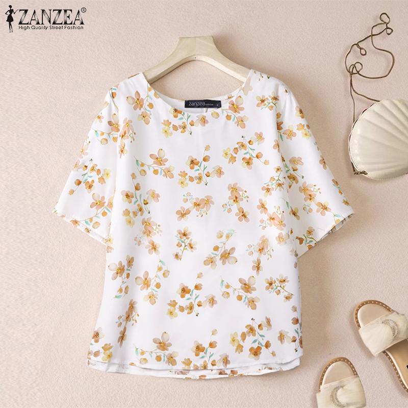ZANZEA Women Casual Round Neck Half Sleeve Summer Floral Blouse