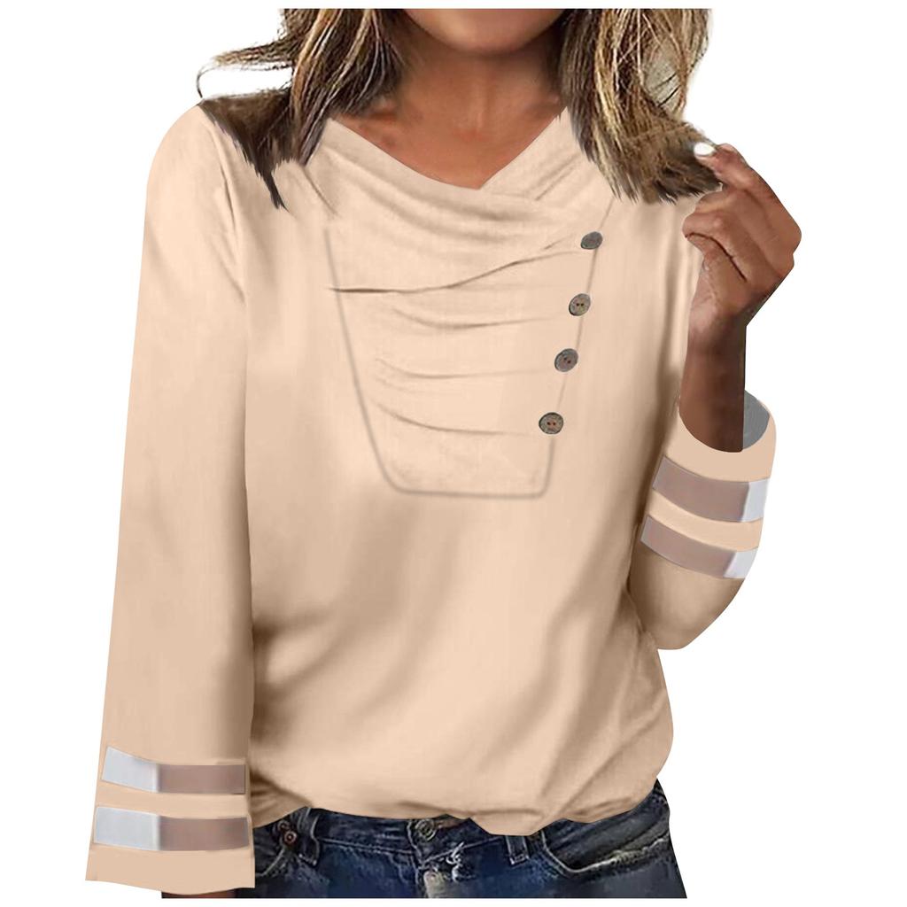 Women's Blouses Fashion Casual Long Sleeved Solid Color Pleated V-Neck Button Top