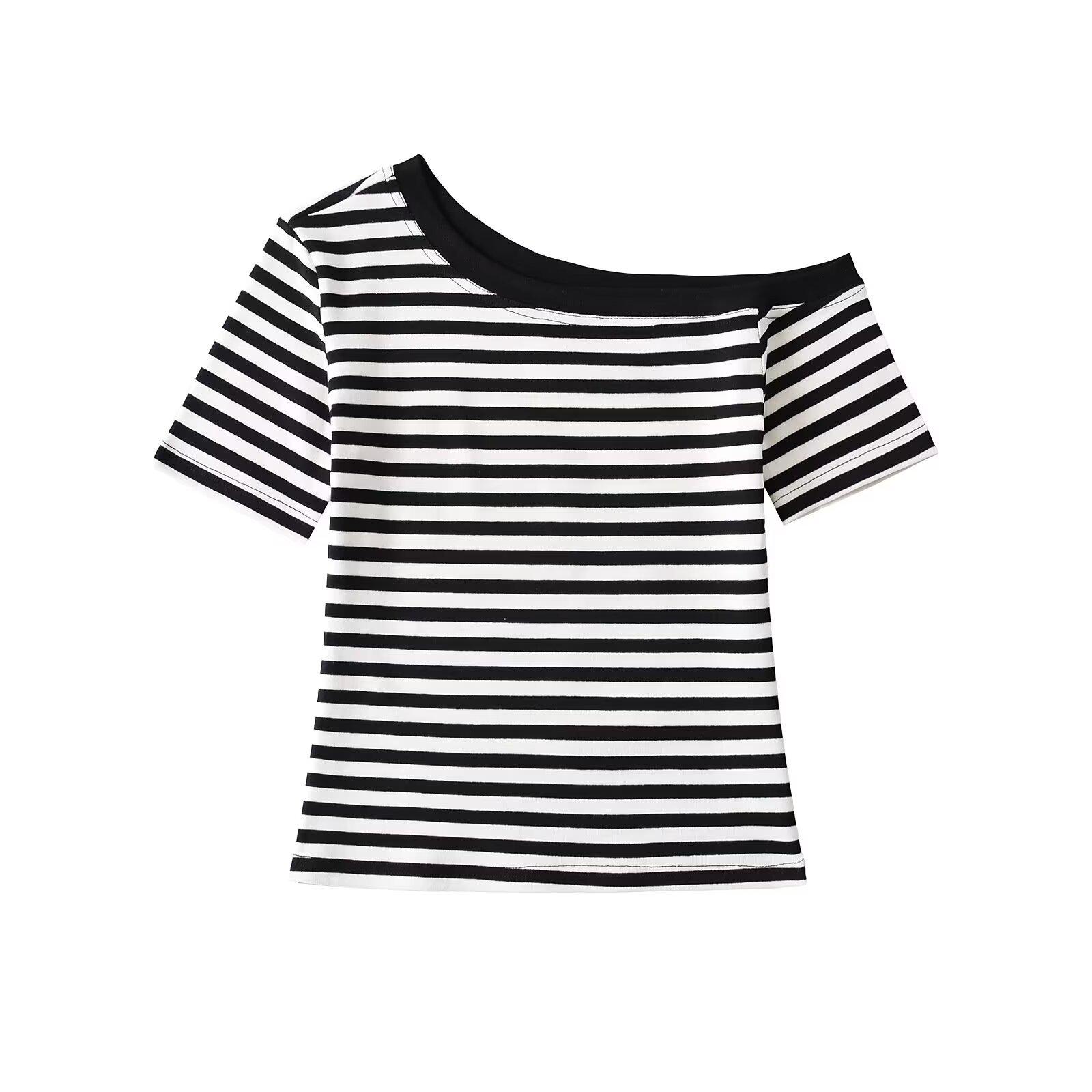 

Asymmetrical One-Shoulder Striped Slim T-Shirt for Women - Spring/Summer 2025 Large чорний