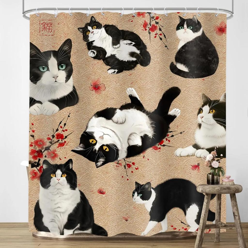 Japanese Cherry Cat Shower Curtain Black White Red Cute Animal Waterproof Polyester Bathroom Home Decorative Cover with Hook