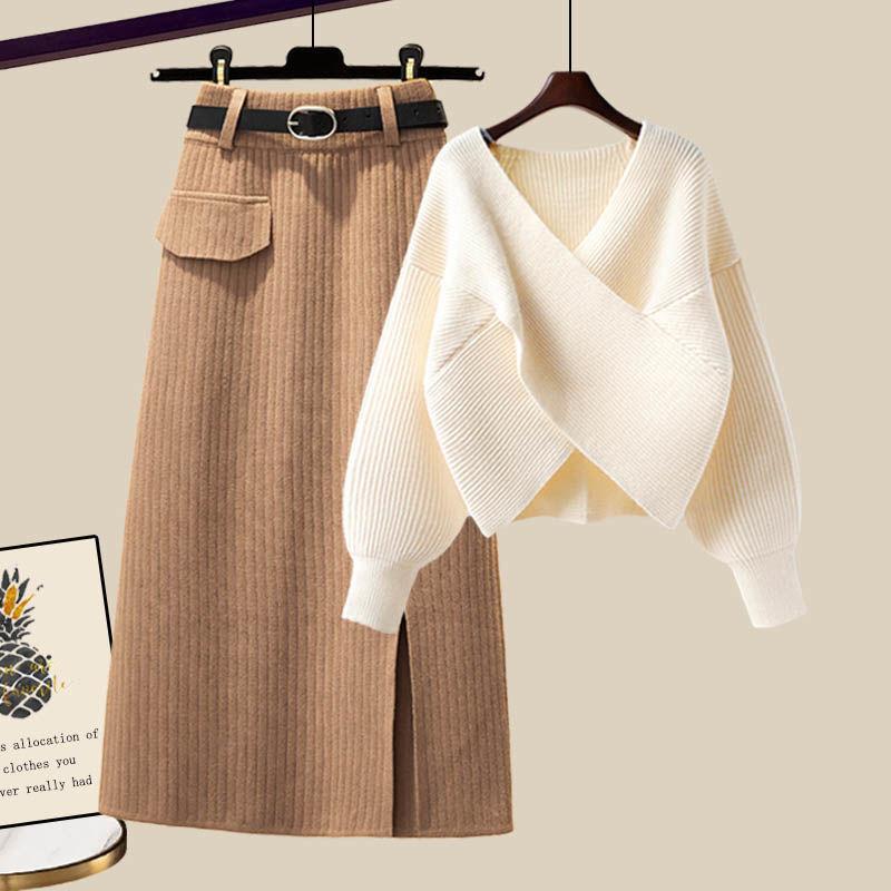 2pcs Women's Knit Skirt Suits Autumn Winter V-Neck Sweater Knit Pencil Skirt Two Piece Set Loose Pullover Sweater  Knit Top  SkirtOutfits