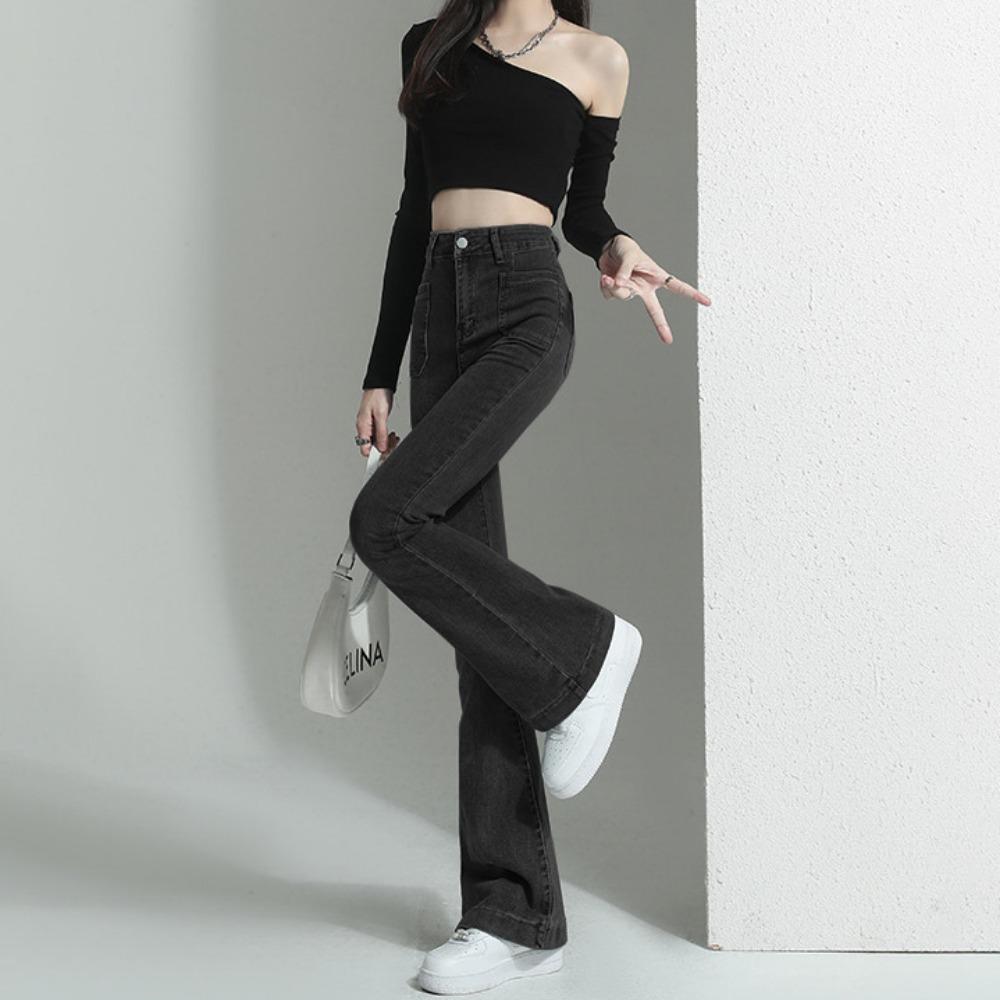 Spring and Autumn New Micro-pull Jeans Women's High Waist Slim-fitting Elastic and Thin Retro Horn Pants Trendy Ins