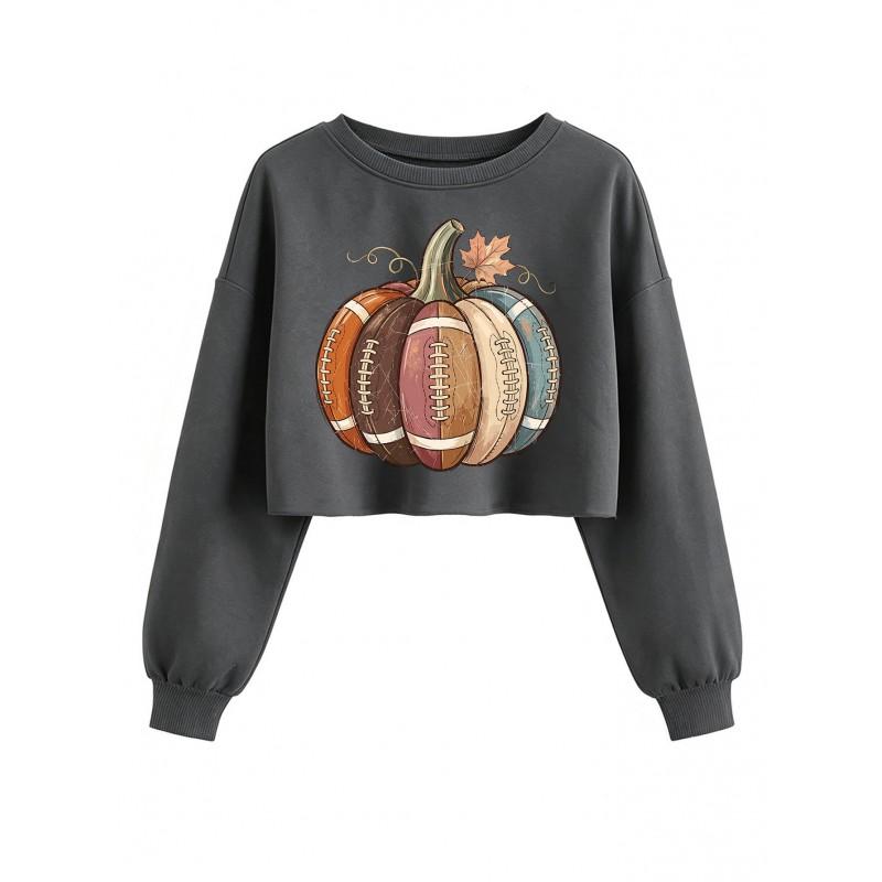 Womens Cropped Sweatshirt Rugby Pumpkin Maple Print Casual Loose Fit Long Sleeve