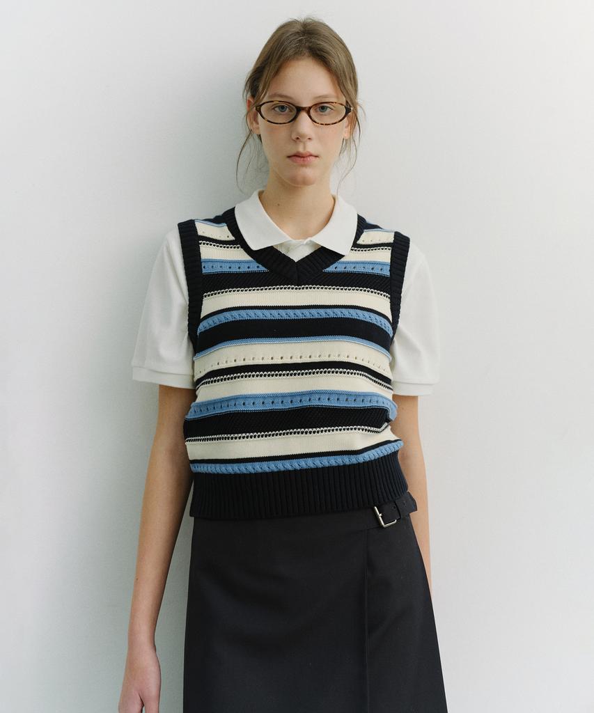 Deonseuteu Unisex Crafted Striped Knit Vest_Udsw6B123_Navy / Cream