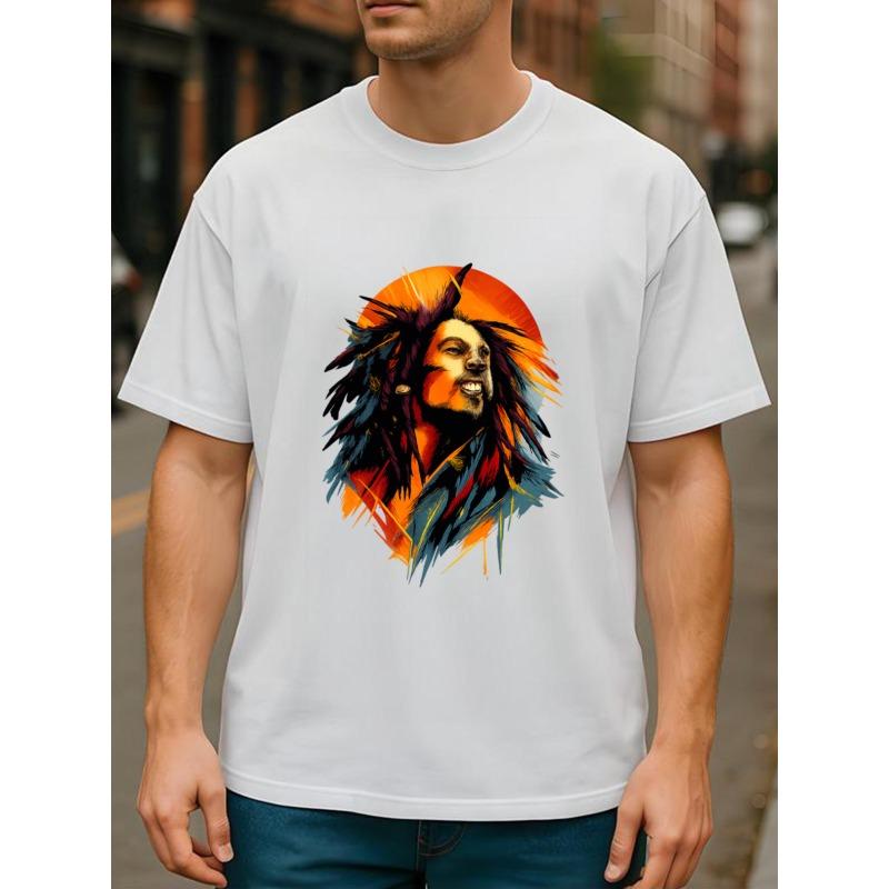 Evropská velikost Reggae zpěvák Barevný avatar Hudba Retro styl Jednobarevný potisk Tričko | Celoroční Ležérní styl, Univerzální denní top, Top s kulatým výstřihem