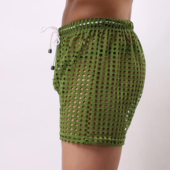 Erotic Men Solid Color Mesh See Through Hollow out Drawstring Shorts Beach Pants