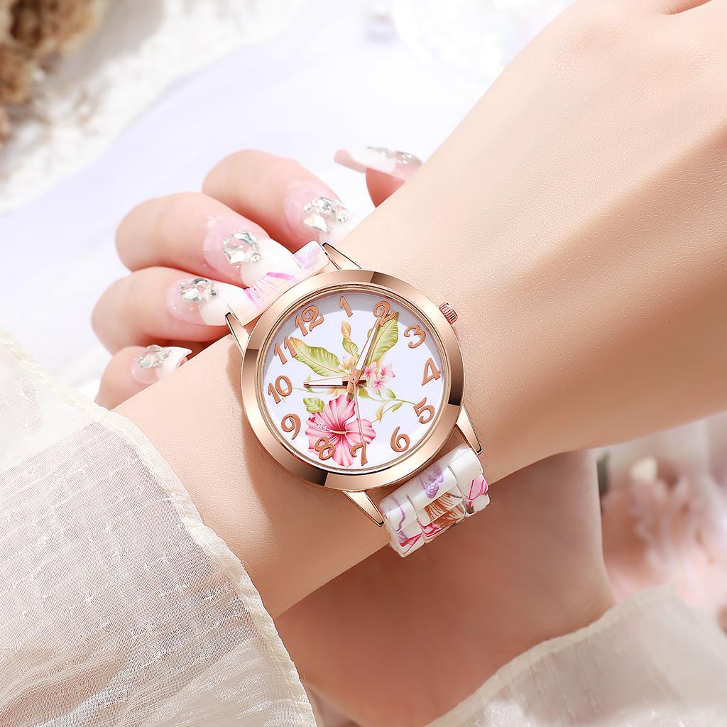 5PCs/Set Women's Silicone Printed Watch Fashion Casual Personalized With Floral Dial Classic Trendy Quartz Watch Combination Set