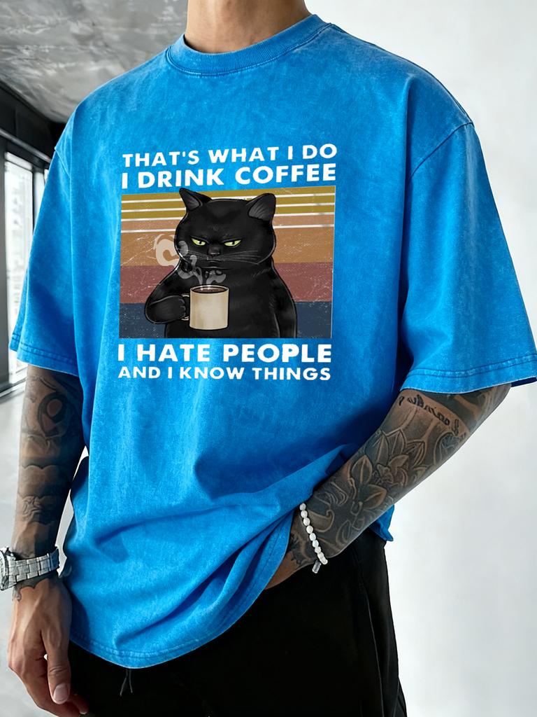 Cats Love To Drink Coffee Pattern Washed TShirts Men Oversized Casual T Shirt Sport Crewneck Tee Tops Cotton Summer Clothes