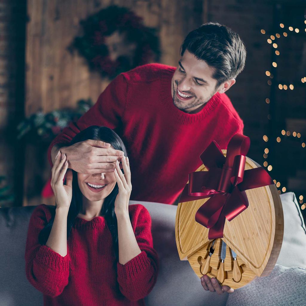 Bamboo Cheese Board Set - 37cm Swiveling Charcuterie Board with Slide-Out Drawer - Anniversary Birthday Housewarming Gift