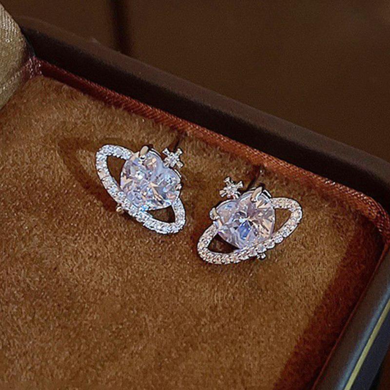 Huitan Exquisite Planet Shape Stud Earrings for Women Sparkling Crystal Cubic Zirconia Love Earrings Girl Gift Statement Jewelry