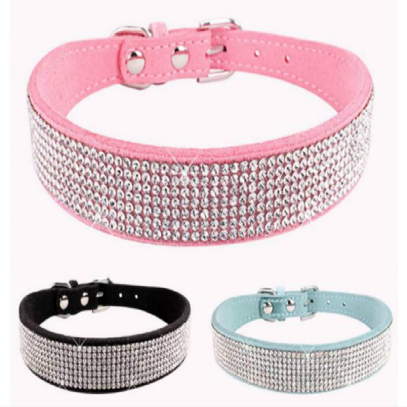 Comfortable Suede Fiber Crystal Dog Collar Glitter Rhinestone Pet Products Zinc Alloy Buckle Collar for Dog Supplys