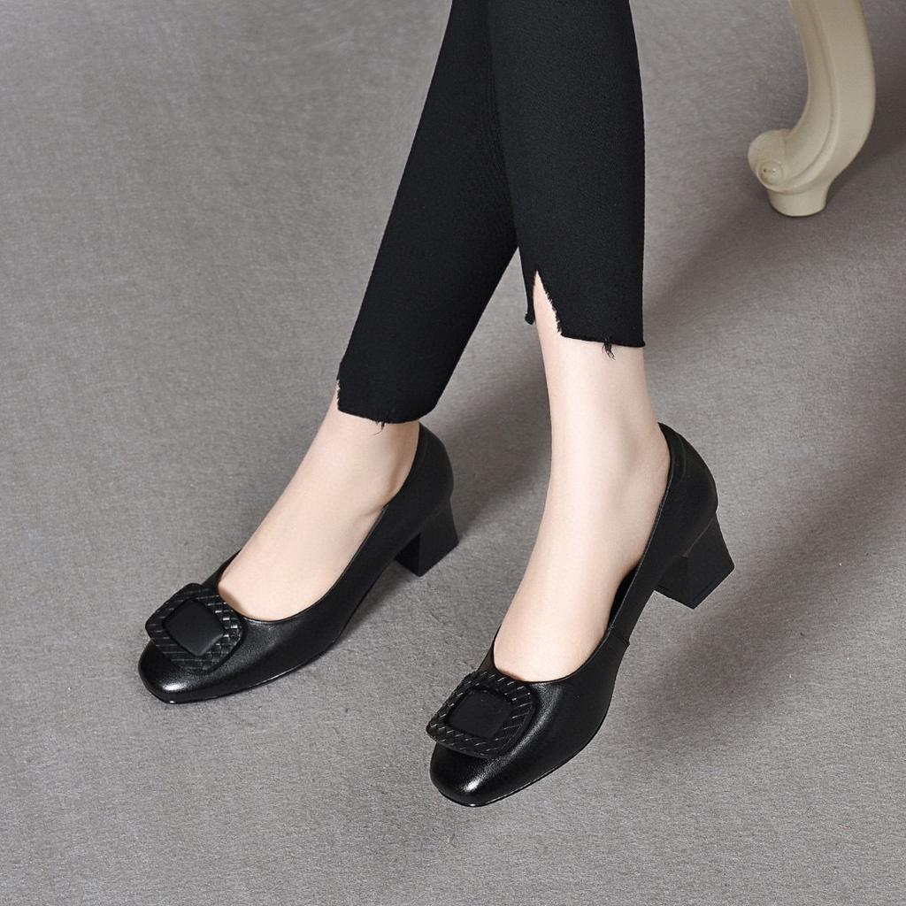2025 spring and summer new round head square buckle high heels first layer cowhide shallow thick heel work shoes comfortable square heel women's shoes