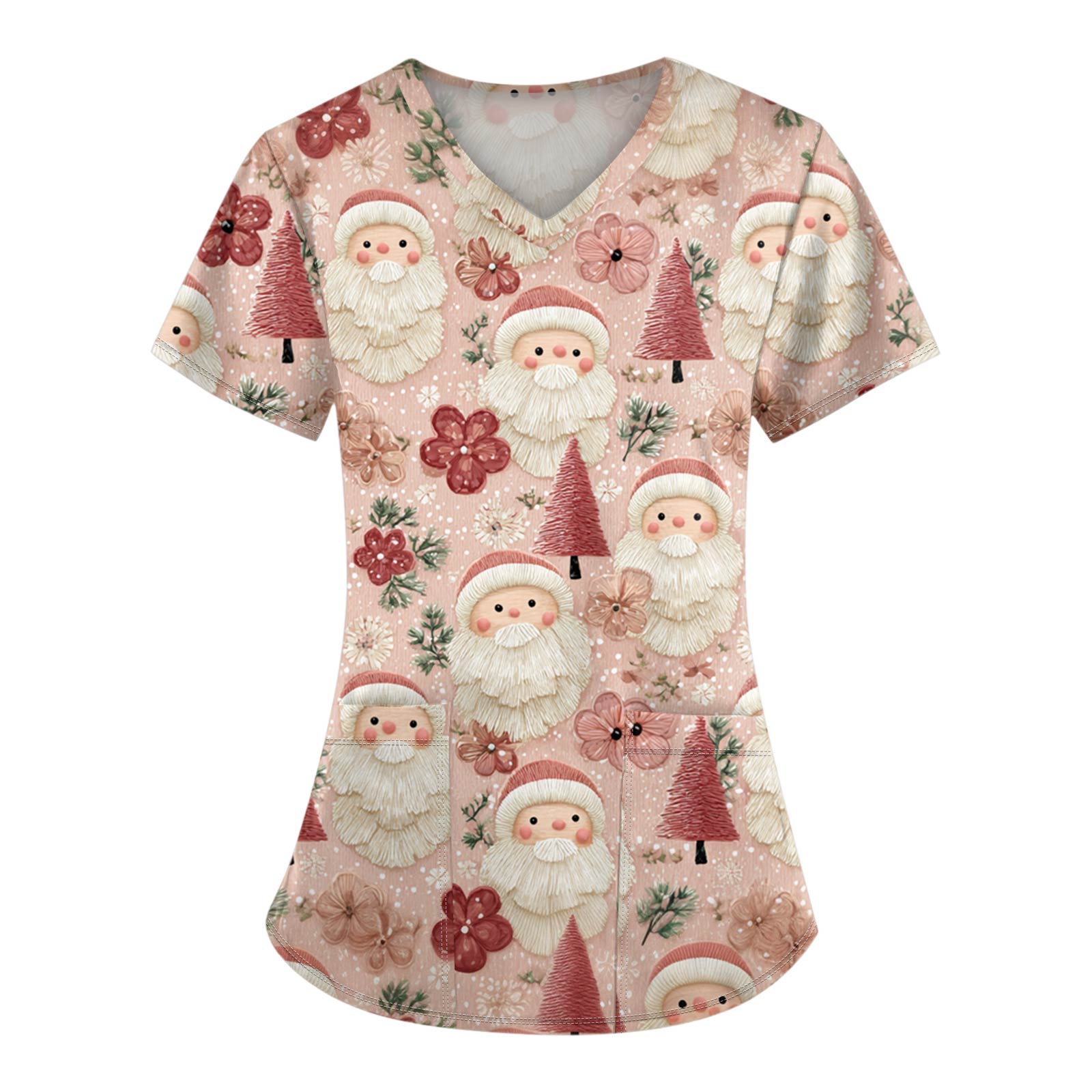 

Женские топы с короткими рукавами и v-образным вырезом с рождественским принтом, рабочая блузка с карманами S розовый