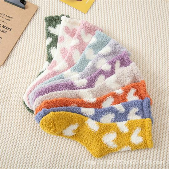 Warm Coral Fleece Women's Socks - Autumn & Winter Love Heart Non-Shedding Floor Socks for Home & Postpartum Comfort.