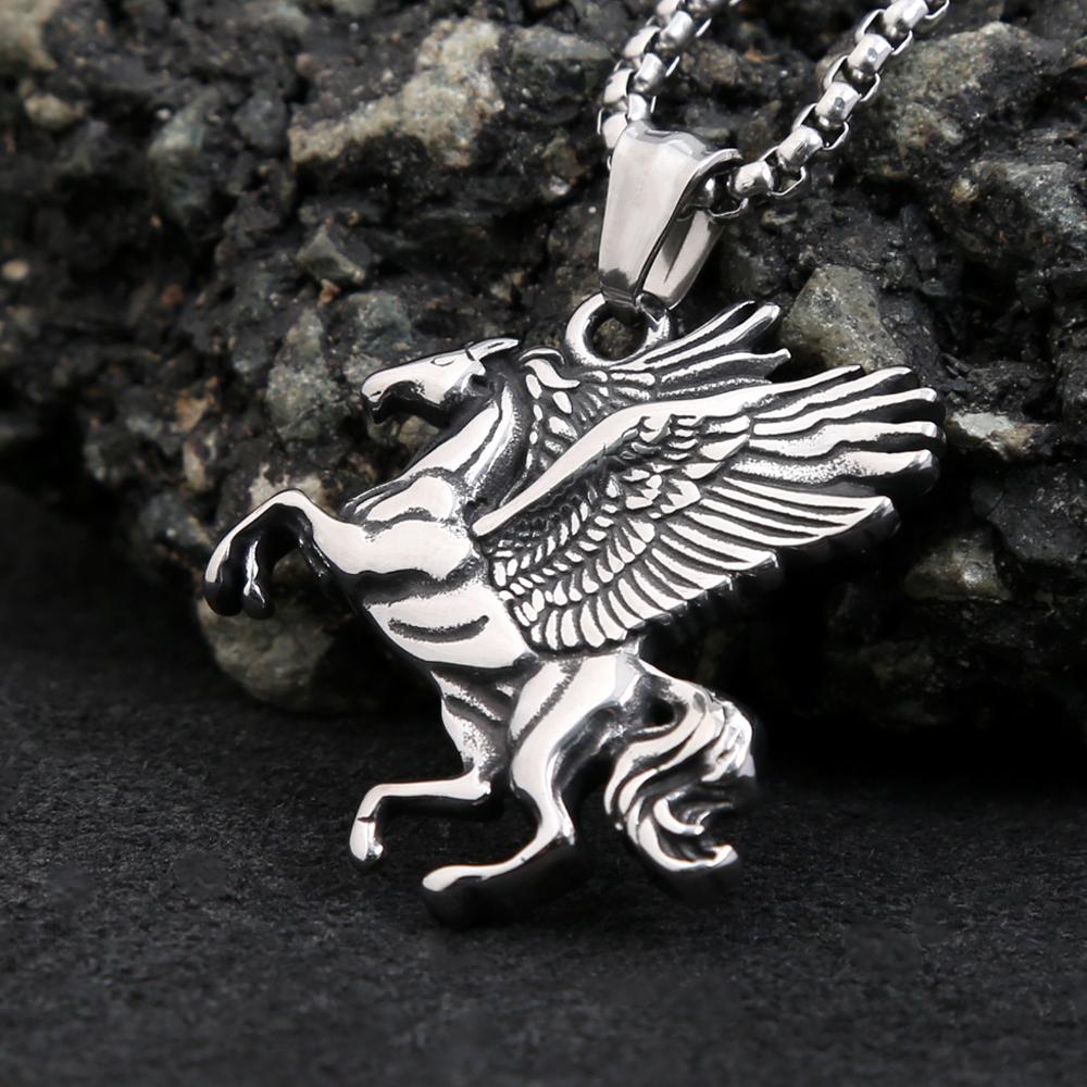 Punk Vintage Pegasus Unicorn Pendant Necklace For Men 316L Stainless Steel Greek Mythology Pegasus Wings Necklaces Jewelry Gifts