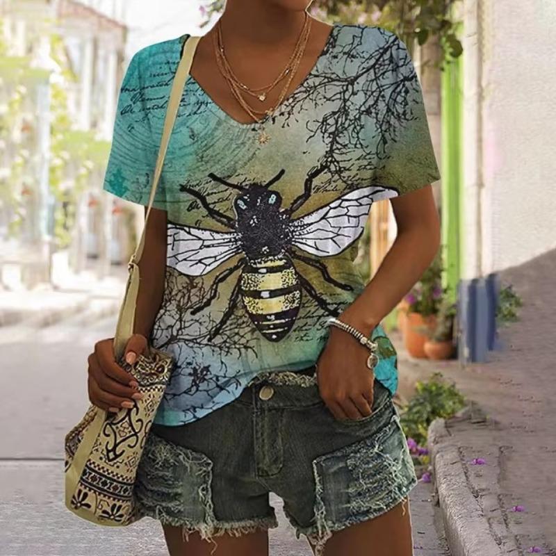 3D Print Women's T-shirt Bee Graphic Harajuku Clothing Female Casual Streetwear Summer V-Neck Oversized Short Sleeve Shirt