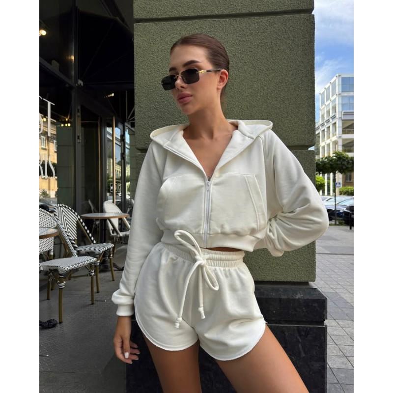 Womens Casual Hooded 2-Piece Set Long Sleeve Zip-Up Top With Drawstring Shorts Streetwear Outfit