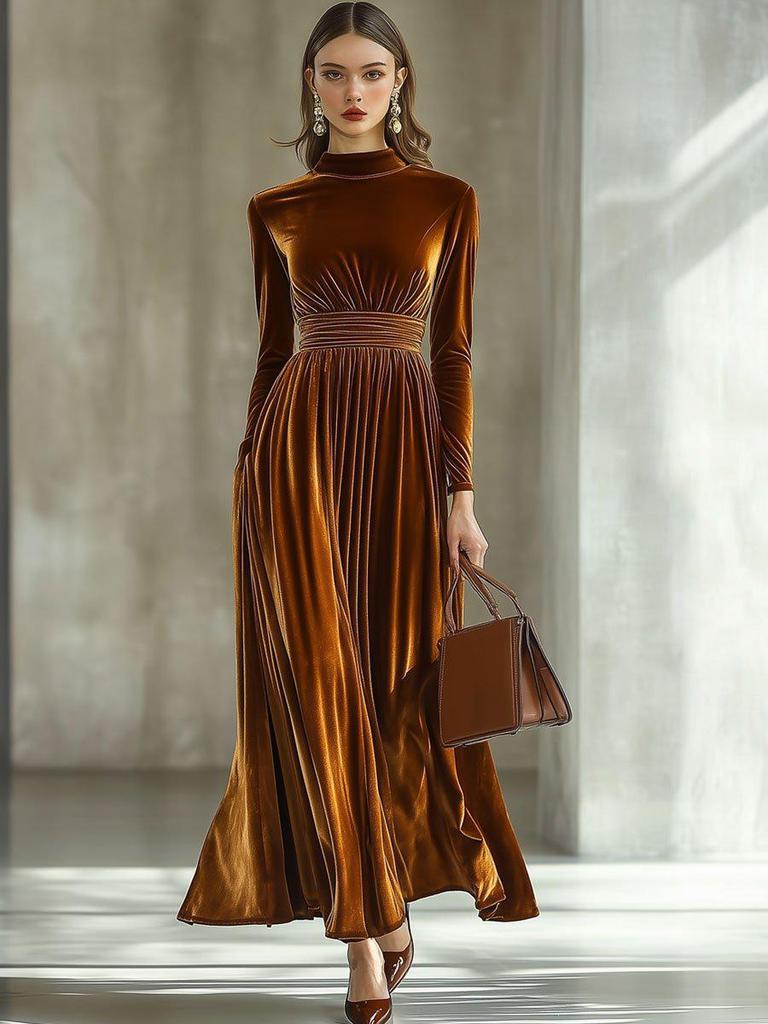 Women's Elegant Gold Velvet Long-Sleeve Dress with Cinched Waist and Flared Hem for Autumn/Winter