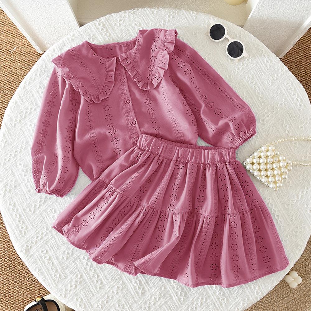 New Korean Style Girls' Clothing Doll Collar Turn-Down Collar Floral Embroidery Top and Short Skirt Two-Piece Casual Set