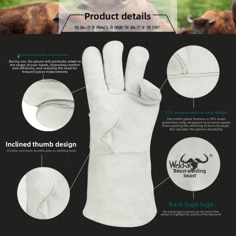 Welding Beast Welding Gloves - Extended Length, Full Leather. Durable Cowhide, High-temperature Resistant