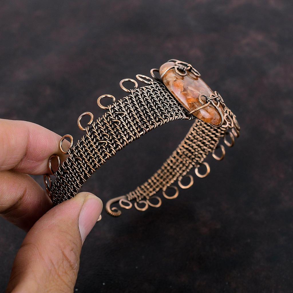 Sunstone Bangle Copper Wire Wrapped Cuff Bracelet Adjustable Bangle Sunstone Gemstone Jewelry Handmade Cuff Copper Jewelry Anniversary Gift