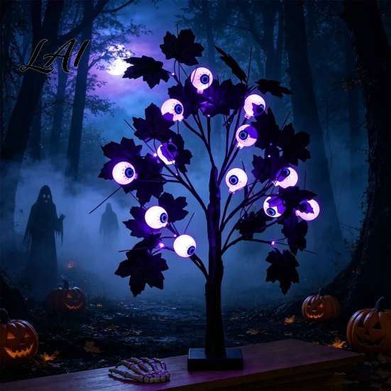 Harvest Festival Party Ornaments Halloween Maple Leaf Artificial Tree Light 12 LED Glowing Eyeballs/Ghost Battery Powered Seasonal Decorative