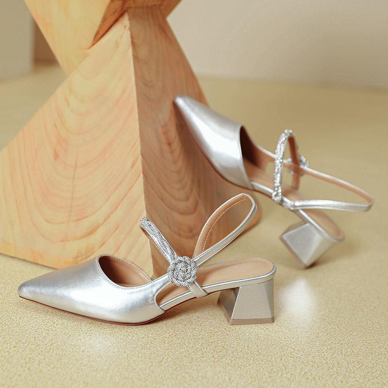 Baotou sandals women's 2025 new summer French Mary Jane shoes thick heel silver word with pointed high heels