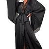 Elegant Black Lace-Trim Plus Size Robe with Belt – European & American Style Nightgown