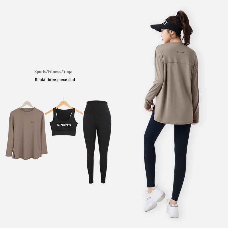 Women's 2026 Three-Piece Yoga Set: Loose Long Sleeve, Tapered Pants, Sporty Letter Vest Fitness Wear