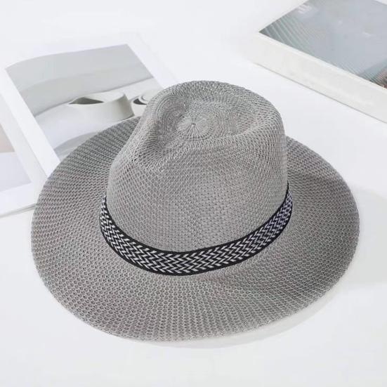 Men Summer Fisherman Hat Hollow Straw Weaving Full Face Sun Protection Wide Brim Western Cowboy Hat with Black Ribbon Decor Foldable Beach Hat