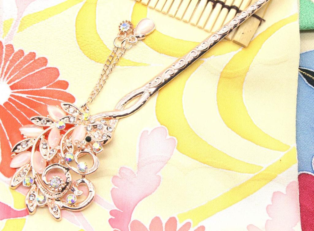 MiaoMiao Single for and Traditional Japanese Metallic Peacock with Crystal and Pink Gold Miaomyao Hairpin, Hairpin, Kimono, Yukata, Clothing, Design,