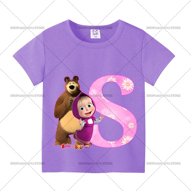 Mashas and The Bear Summer T-shirt Girl Children Tops Cute Cartoon Letters A-Z Print Clothing Short Sleeve Kids Casual Clothes