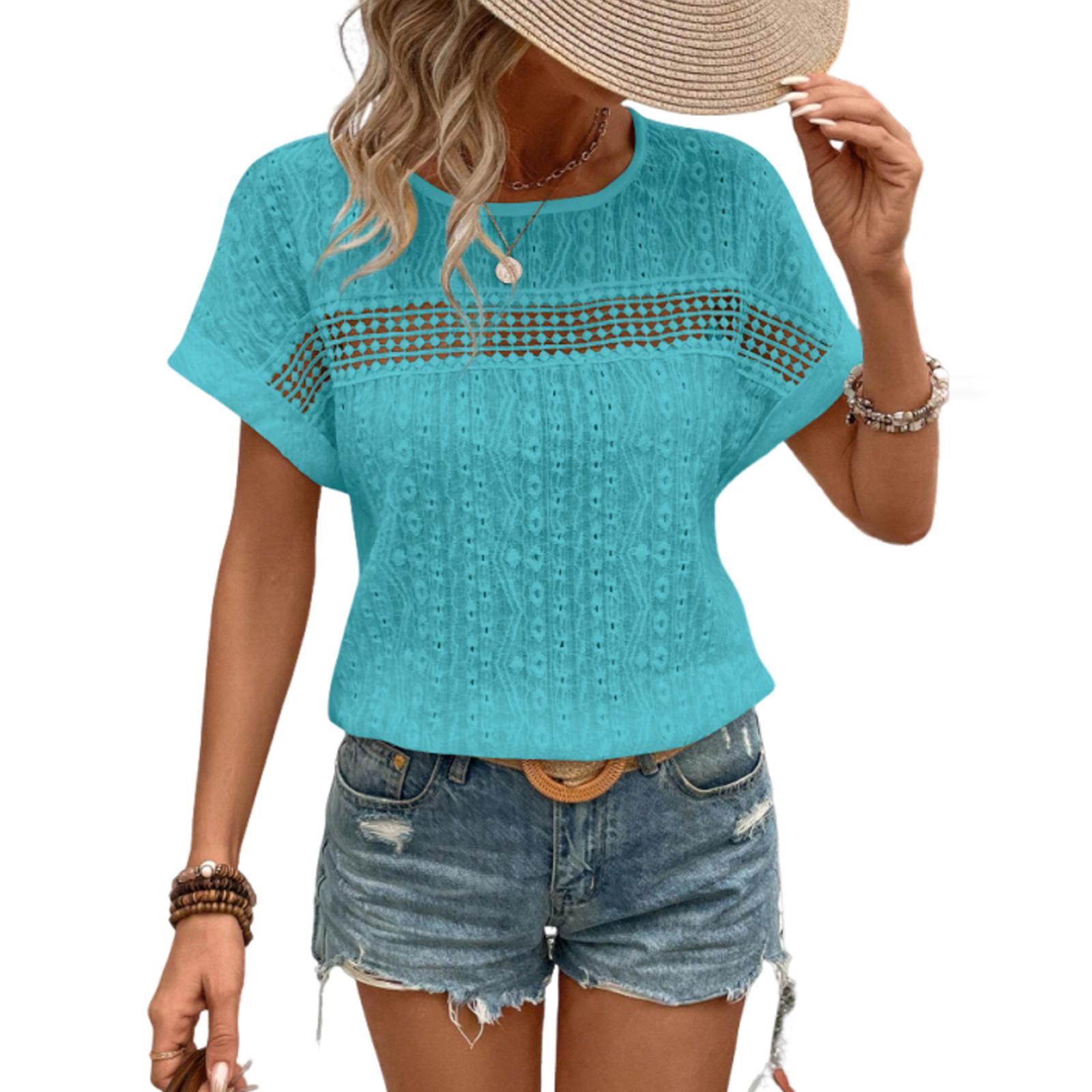 

Женская модная повседневная футболка весна/лето с кружевным вырезом и круглым вырезом и рукавом «летучая мышь» XL циан