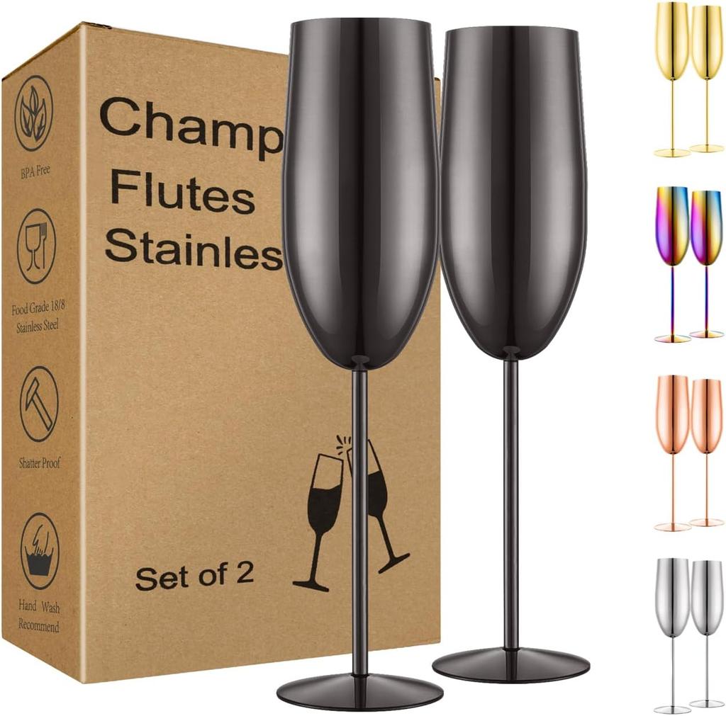 Stainless Steel Champagne Flutes Set of 2, Gold Unbreakable 8.5 oz for Wedding, Party, Christmas, Anniversary, Birthday Gifts
