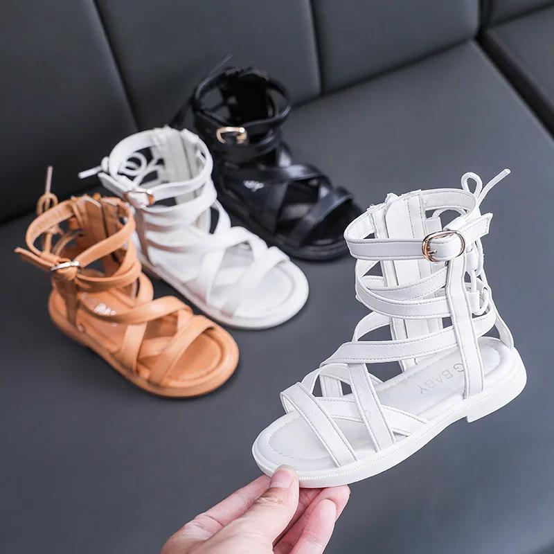 Kid Tall Beach Sandals Children Soft Bottom Sandals Fashion Girls Roman Shoes Side Zip Summer High Boots Girl Princess Shoes