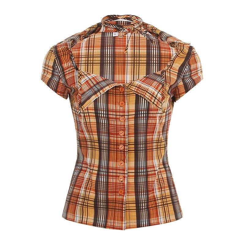 

Европейская и американская женская одежда Древняя рубашка с лацканами на пуговицах в клетку с короткими рукавами Стильный короткий топ со шнуровкой и контролем талии Orange color S
