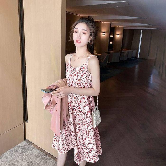 Floral Sleeveless Spaghetti Strap Dress for Women, Spring/summer New First Love French Vintage Design Mermaid Long Skirt